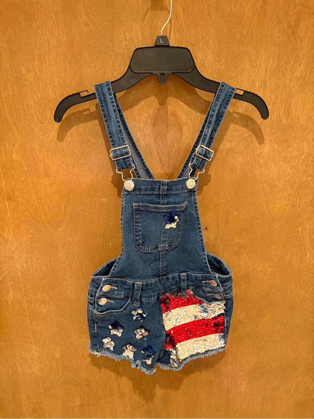 Justice Patriotic Americana Design Denim Short Overalls Size 6 with Sequins